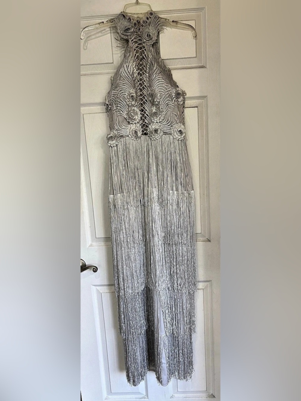 MATRONS Silver  Embellished Fringe Maxi Dress